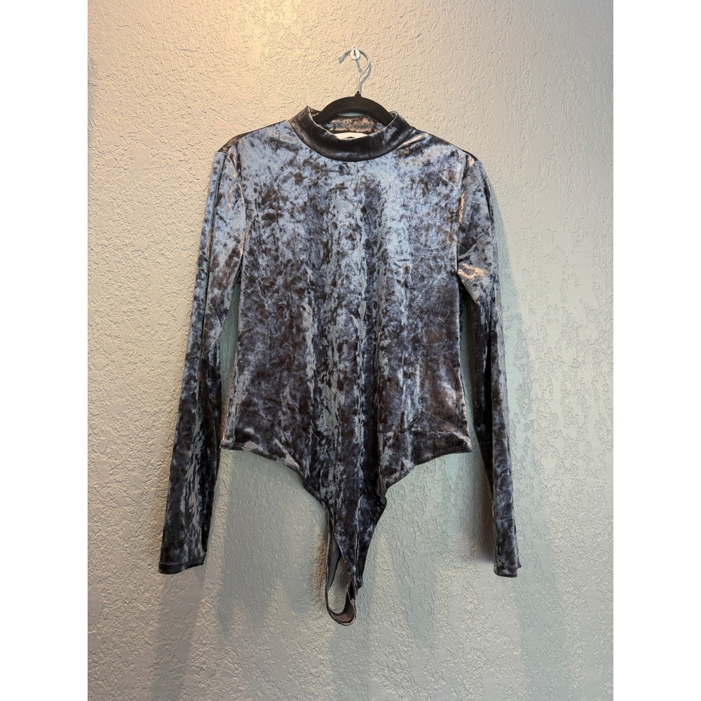 HM‎ Silver Grey Crushed Velvet Mock Neck Long Sleeve Bodysuit Large